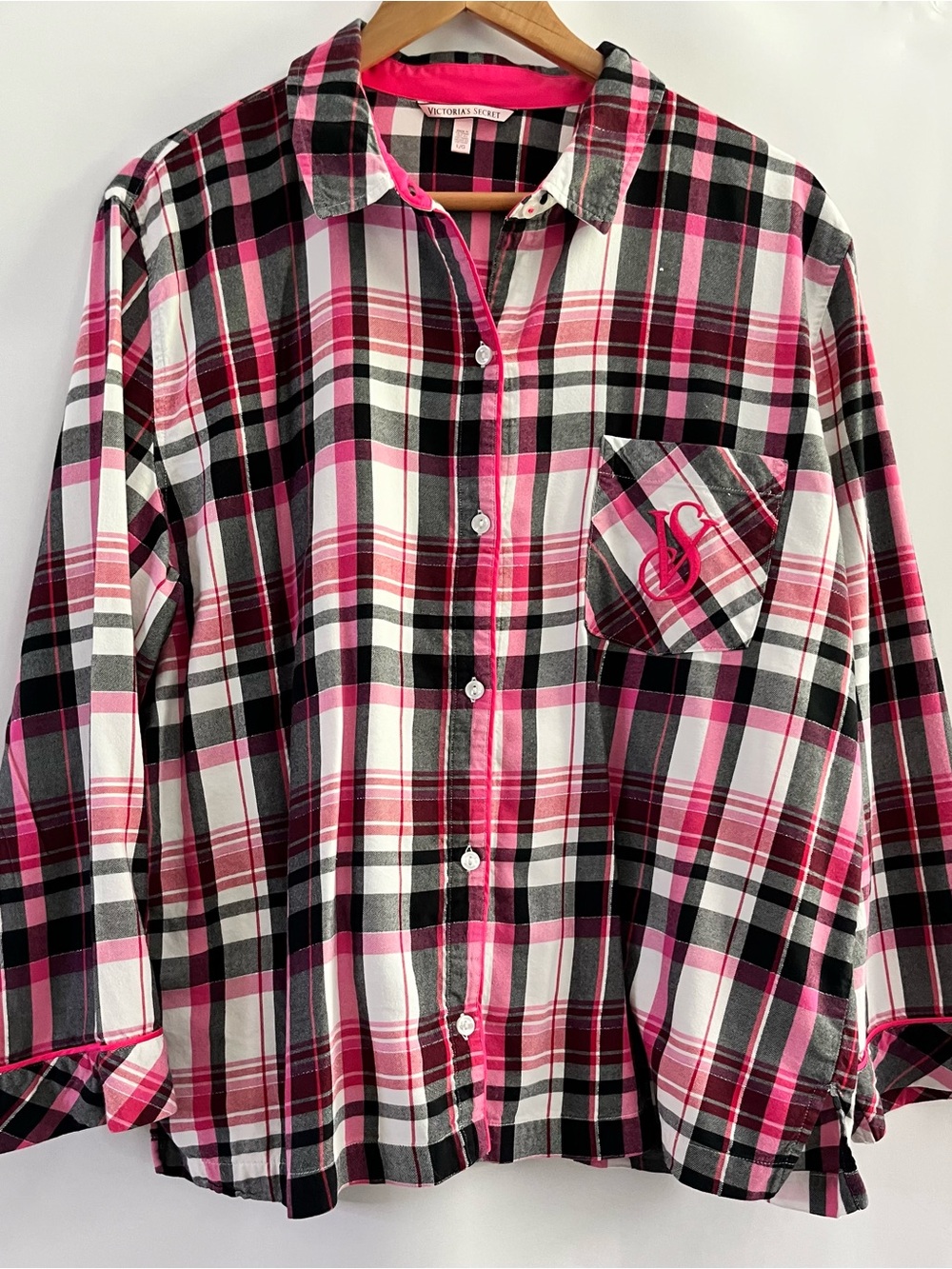 Victoria's Secret Pink Black & White Plaid Button-Down Light Flannel Pajamas L